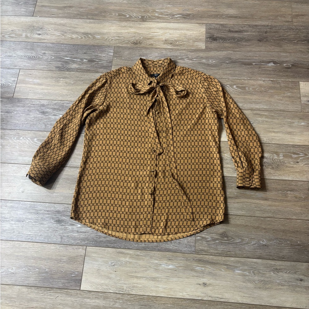 Drew Georgette Blouse Sz M Tan Equestrian Belt Print Tie Career Quiet Luxury